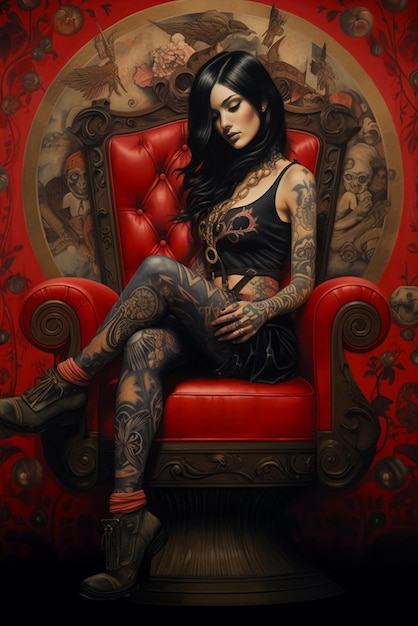Garota pinup tatuada com cabelo preto sentada em uma cadeira vermelha no estilo de etam cru