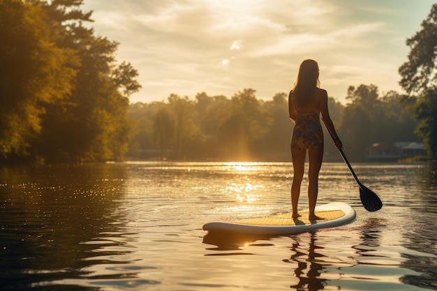 Garota pratica standup paddle em um verniz sereno