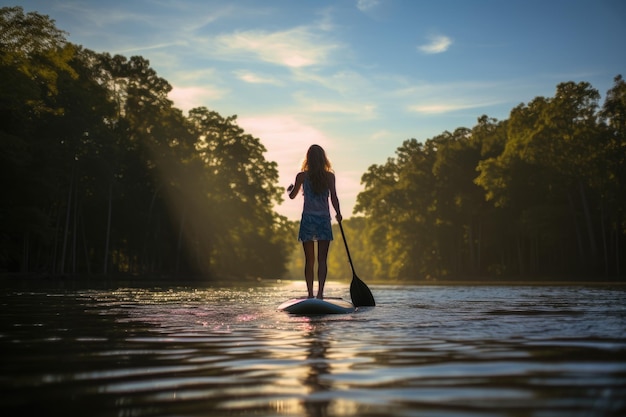 Garota pratica standup paddle em um verniz sereno