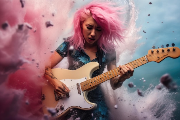 Foto garota punk com estilo de cabelo rosa tocando violão com pitoresco apaixonado