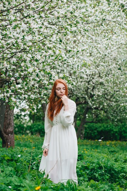 Garota ruiva linda em um vestido branco entre macieiras florescendo no jardim.