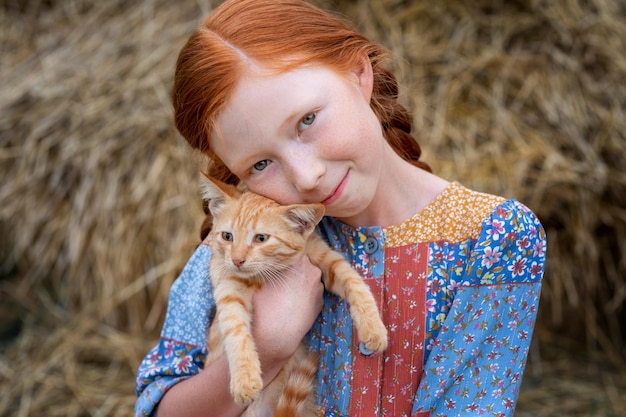 Garota ruiva segurando um gatinho ruivo em seus braços