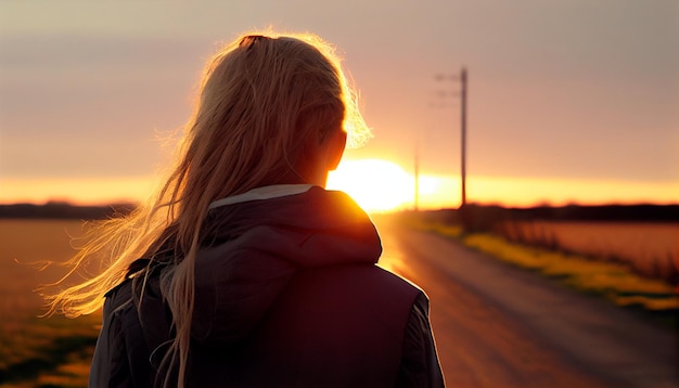 Garota solitária caminha ao longo da estrada durante o pôr do sol Generative AI