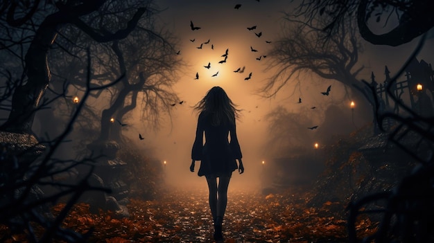 Garota solitária caminhando pela floresta ou parque na noite de Halloween Cena generativa de IA com menina adulta e morcegos em madeira mágica assustadora Horror de Hallowen e conceito de outono