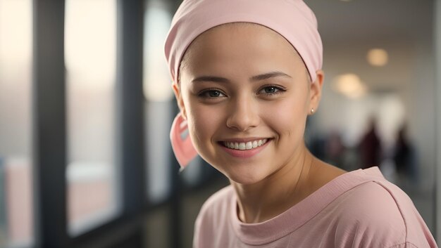 Garota sorridente e forte lutando contra o câncer com lenço rosa na cabeça