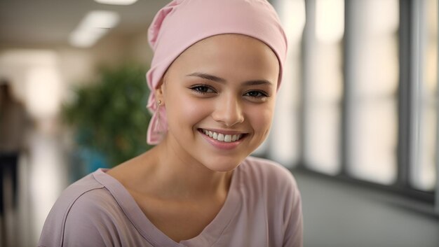 Foto garota sorridente e forte lutando contra o câncer com lenço rosa na cabeça