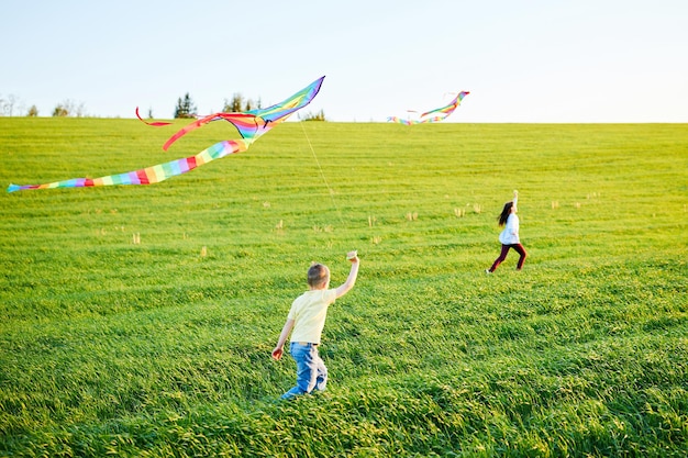 Garota sorridente e irmão correndo com pipas coloridas voando no prado de grama alta Momentos felizes da infância