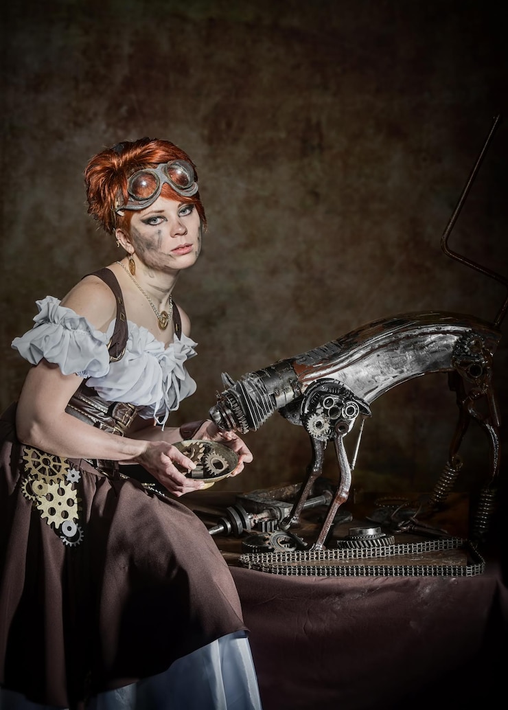 Foto garota steampunk alimentando seu animal de estimação mecânico
