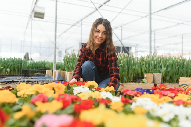 Garota, trabalhadora com flores em estufa