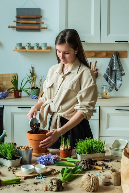 Garota transplanta flores e plantas domésticas uma jovem planta bulbos e microverdes na cozinha