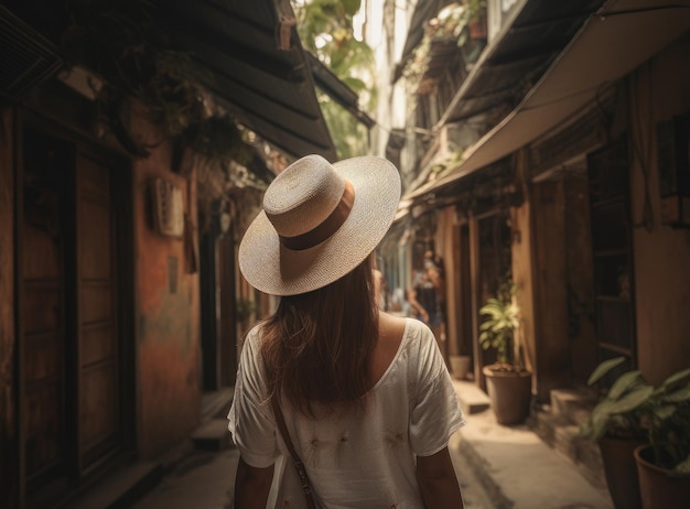 Garota usando um chapéu enquanto caminha na rua estreita Ilustração AI Generative