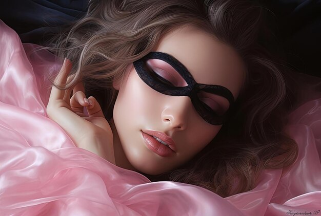 garota usando uma máscara de olho rosa com cílios no rosto no estilo suave