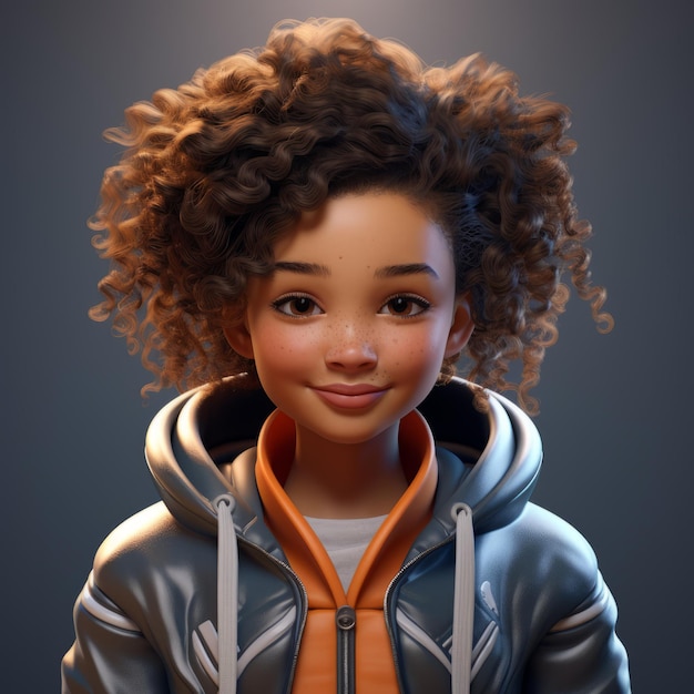 Garota vibrante de desenho animado com cabelo cacheado Unreal Engine renderizada arte