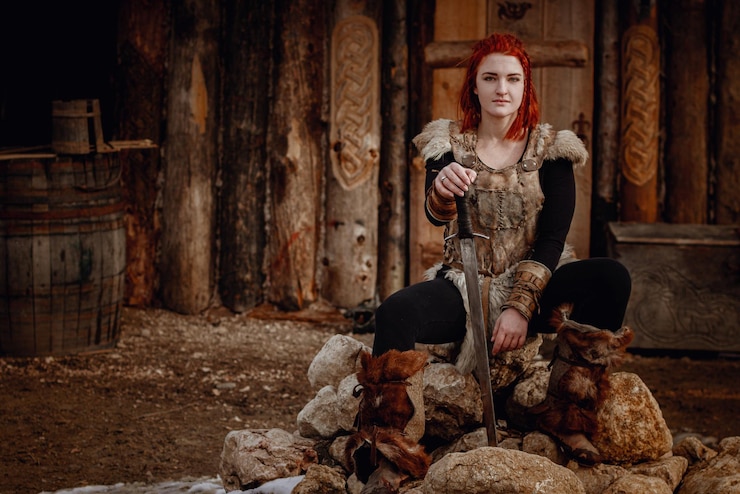 Foto garota viking reconstrução de uma cena medieval