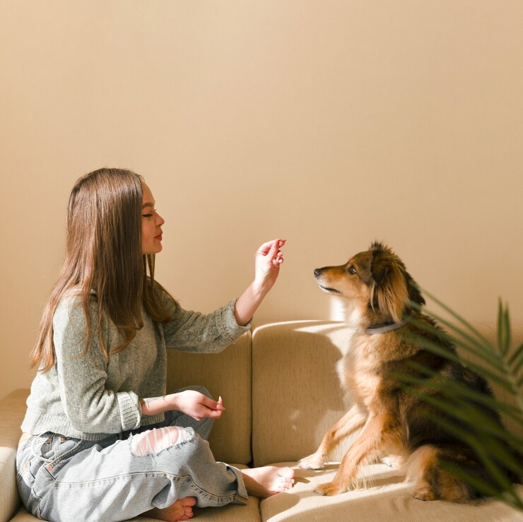 Garota vista lateral treinando seu cachorro em casa, aulas de treinamento para animal de estimação