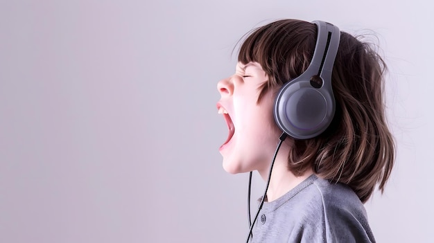 Foto garotas com fones de ouvido e gritando por ruído em retrato autismo e superestimulação sensorial ia generativa