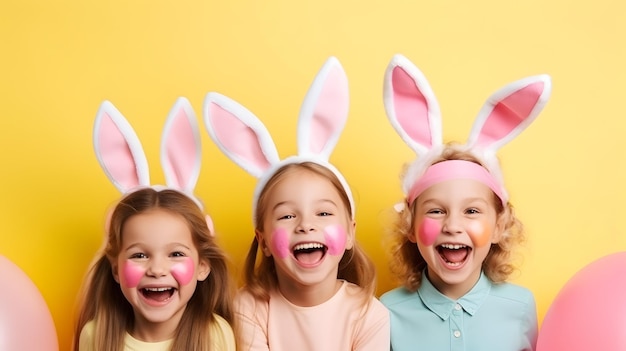 Garotas felizes com orelhas de coelho comemorando a Páscoa