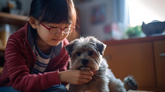 Garotinha abraça seu cachorrinho em casaCriado com tecnologia Generative AI