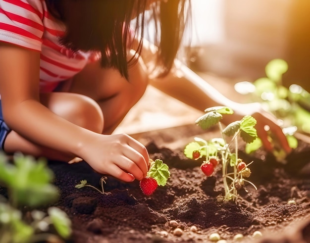 Garotinha colhe morangos orgânicos em uma cesta em um campo de frutas em um dia ensolarado de verão Generative AI content