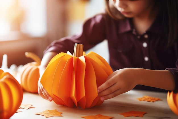 Garotinha festiva de papel artesanal esculpindo uma abóbora de halloween