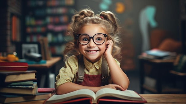 Garotinha sorrindo enquanto está sentada em frente a um livro contra um fundo de estante de livros Criado com tecnologia Generative AI