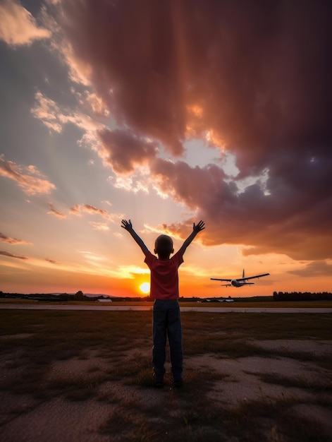 Garotinho acenando com as duas mãos para o avião no ar Lindo céu pôr do sol com nuvens cor de rosa no pano de fundo Generative AI