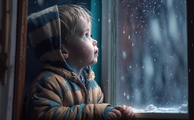 garotinho assistindo a neve cair por trás da janela