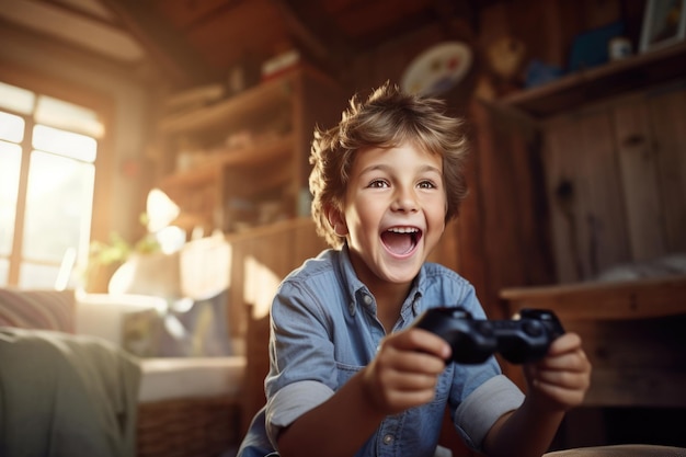 Garotinho com gamepad jogando videogame em casa