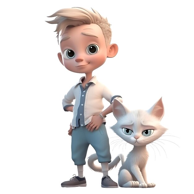 Garotinho com um gato em uma renderização 3D de fundo branco