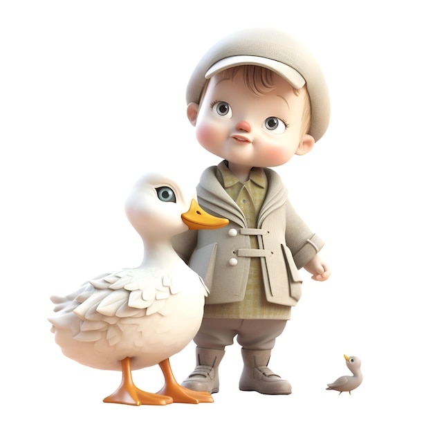 Garotinho com um pato em uma renderização 3d de fundo branco