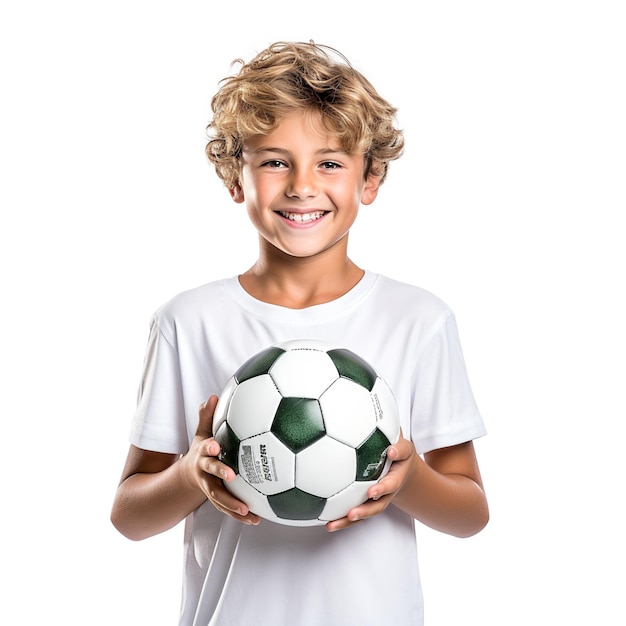 garotinho com uma bola de futebol em um fundo branco