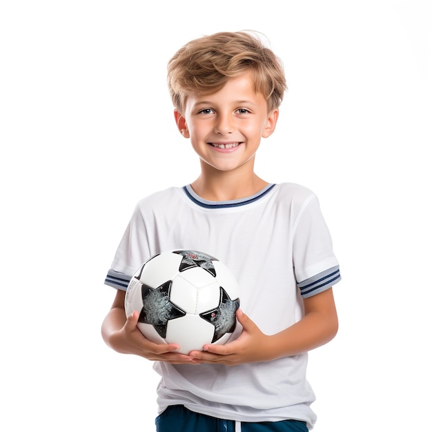 garotinho com uma bola de futebol em um fundo branco