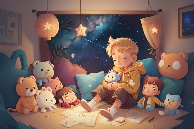 Garotinho dormindo com a ilustração de fundo do papel de parede dos desenhos animados de fantasia de estrelas cheias de boneca