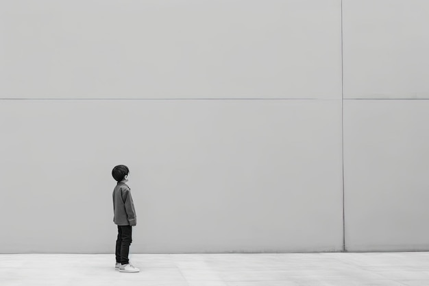 garotinho em frente a parede branca vazia