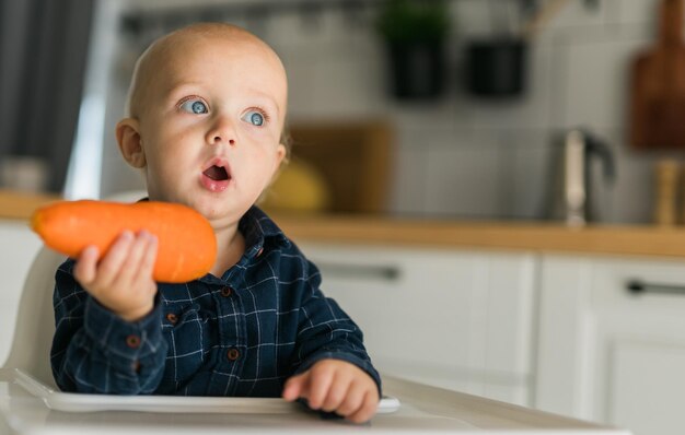 Garotinho em uma camiseta azul sentado em uma cadeira de criança comendo espaço de cópia de cenoura e espaço vazio para cuidados com o bebê de texto e conceito de alimentação infantil