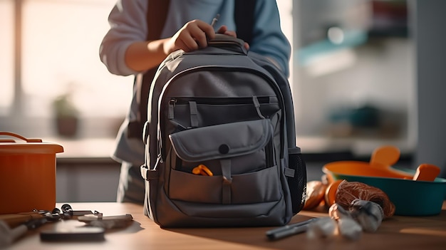 Garotinho está arrumando sua mochila para a escolaCriado com tecnologia Generative AI