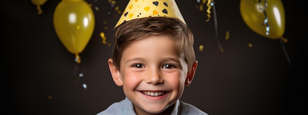 Garotinho feliz comemora seu aniversário usando um boné em um fundo colorido