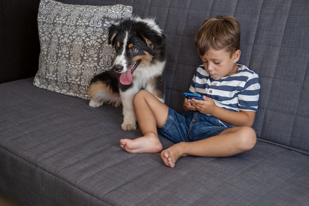 Garotinho feliz do proprietário joga telefone e sente-se com o cachorro pastor australiano no sofá. três cores. Melhores amigos. Dependência de dispositivos.