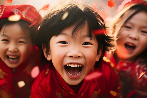 Garotinho feliz e animado comemorando o Ano Novo Chinês