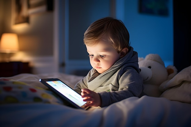 Garotinho fofo assistindo desenho animado com tablet Dispositivos digitais vidas diárias O nativo da geração Alpha