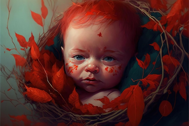 Garotinho O bebê recém-nascido vermelho deitado em galhos de espinhos Pintura de ilustração de estilo de arte digital