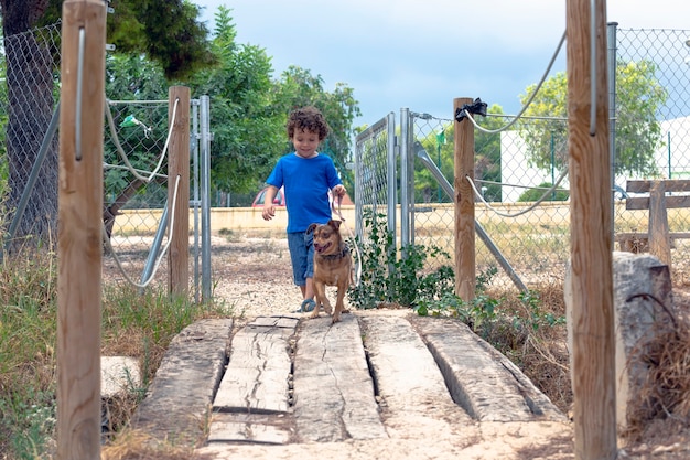 Garotinho passeando com o cachorro no parque e cruzando uma pequena ponte de madeira