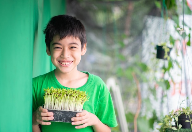 Garotinho plantando micro-verdes de ipomeia na horta