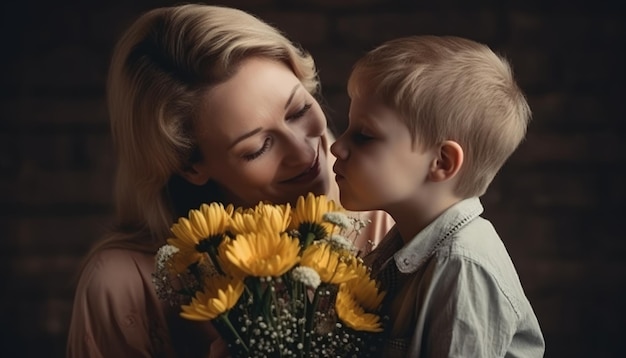 Garotinho segurando flores abraçando sua mãe e comemorando o dia das mães Generative AI