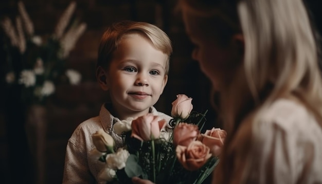 Garotinho segurando flores abraçando sua mãe e comemorando o dia das mães Generative AI