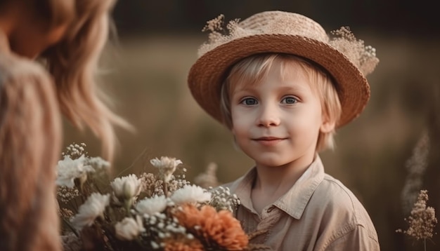 Garotinho segurando flores abraçando sua mãe e comemorando o dia das mães generative ai