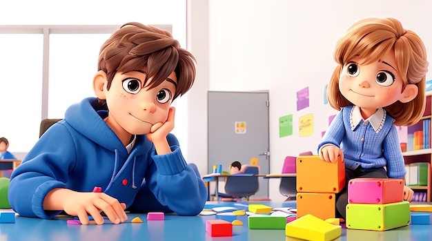 Garotinho sentado com a menina na sala de aula brincando com quebra-cabeça do cubo