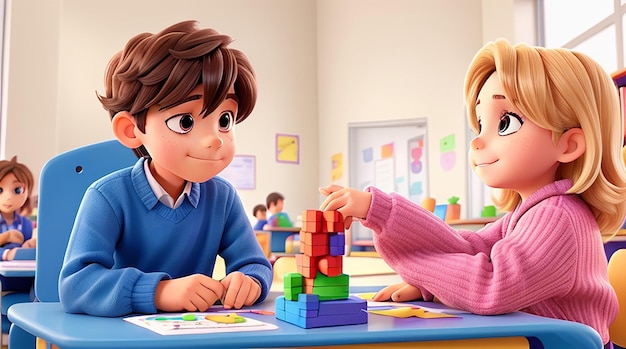 Garotinho sentado com a menina na sala de aula brincando com quebra-cabeça do cubo