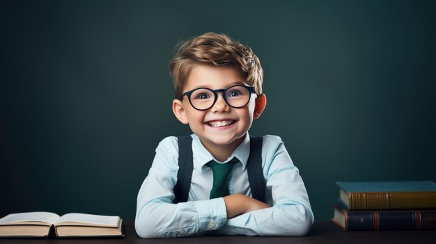 Garotinho sentado com livros sobre a mesa em frente ao quadro-negro e sorrindo Criado com tecnologia Generative AI