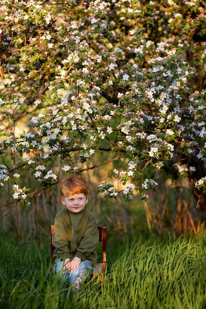 Garotinho sentado em uma cadeira na primavera no jardim